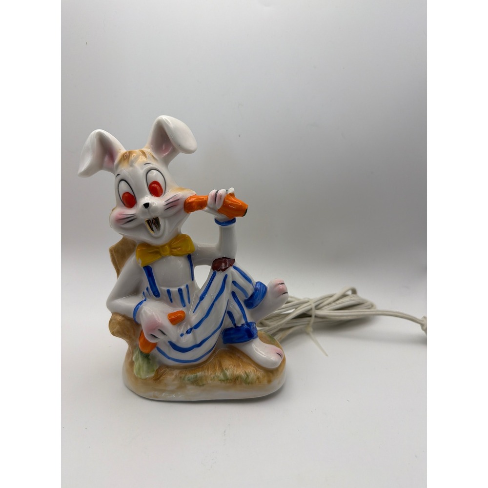 Vintage Irice Japan Ceramic Rabbit Night Light Bunny Eating Carrot Nursery Lamp